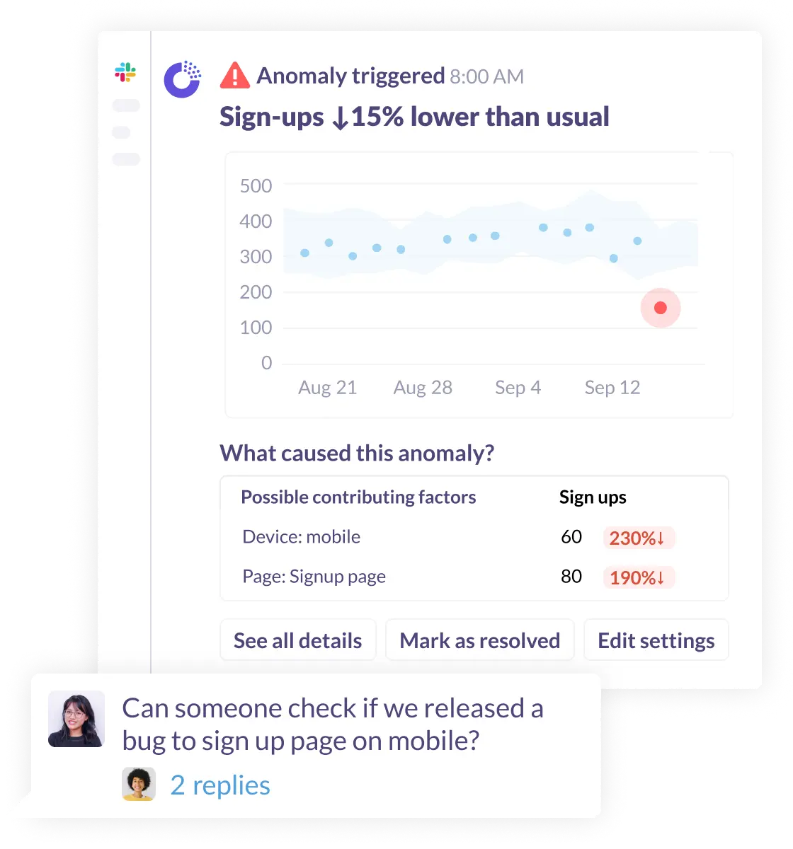 Anomaly detection with alerts sent to your team through Slack.